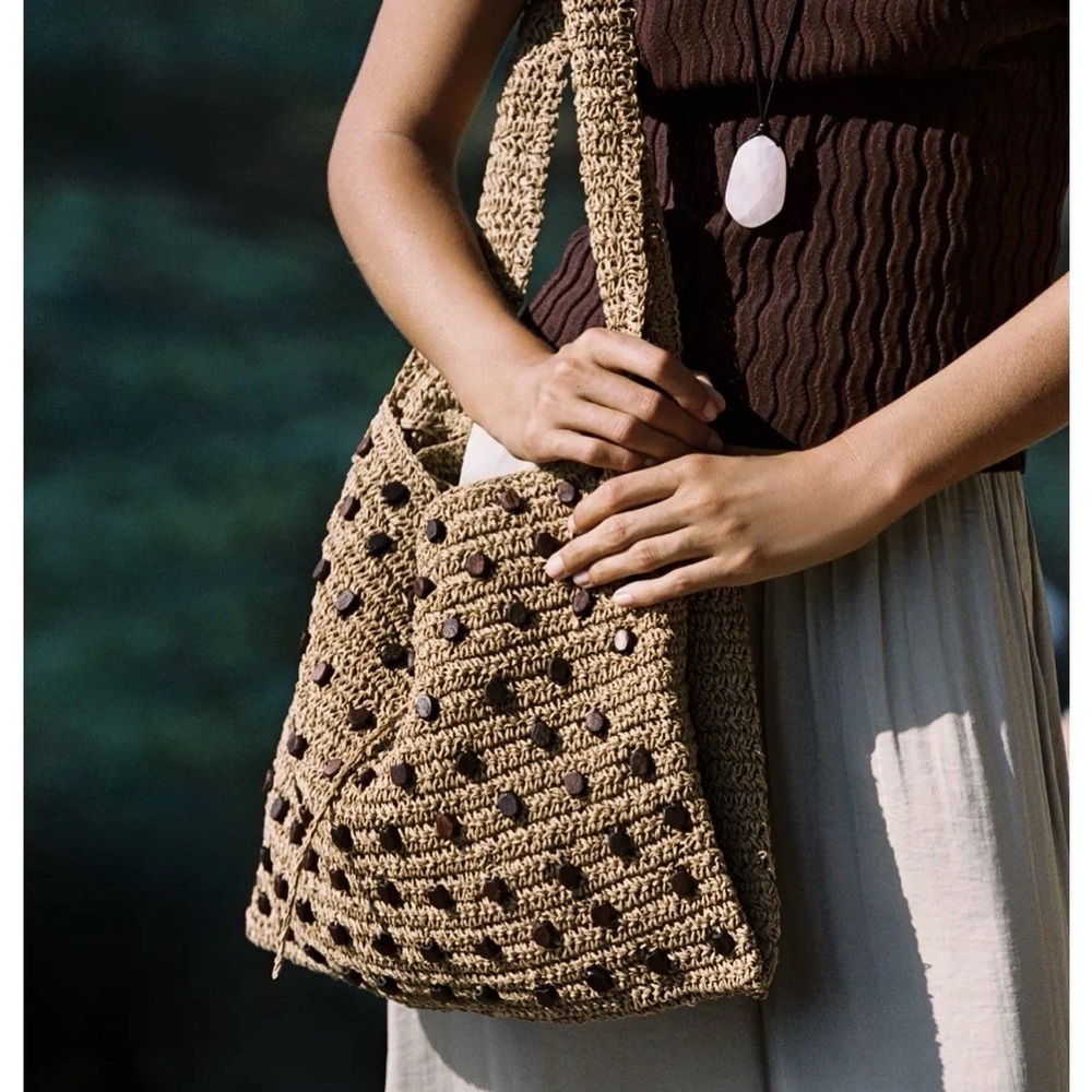Zara Crochet Shoulder Tote in Tan